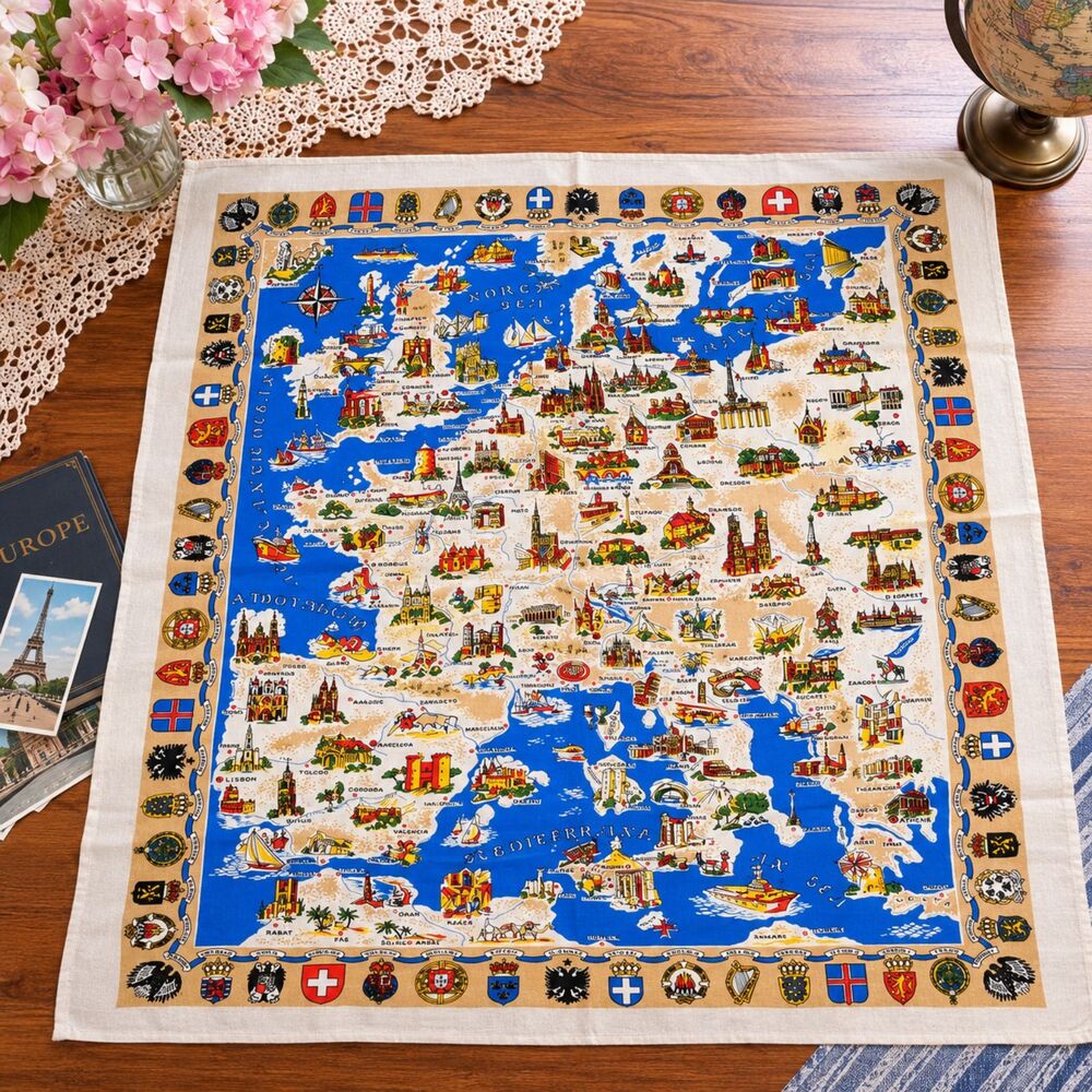 Vintage Europe Souvenir Map Tablecloth West Germany Viscose 56 x 49